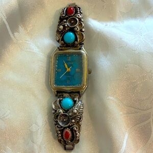Native American Sterling Watch Tips Watch Stretch Band Turquoise Coral Mark STC